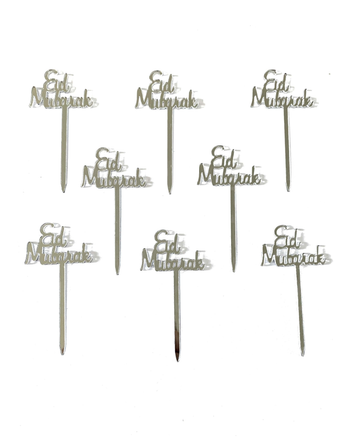 Cupcake toppers "Eid Mubarak" plastic -silver (8pcs)