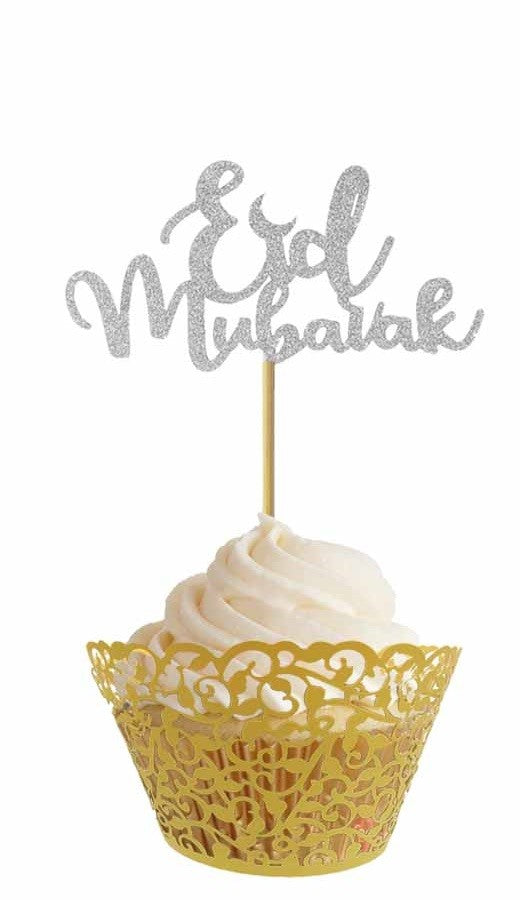 Cupcake prikkers "Eid Mubarak" glitter zilver (6 stuks)